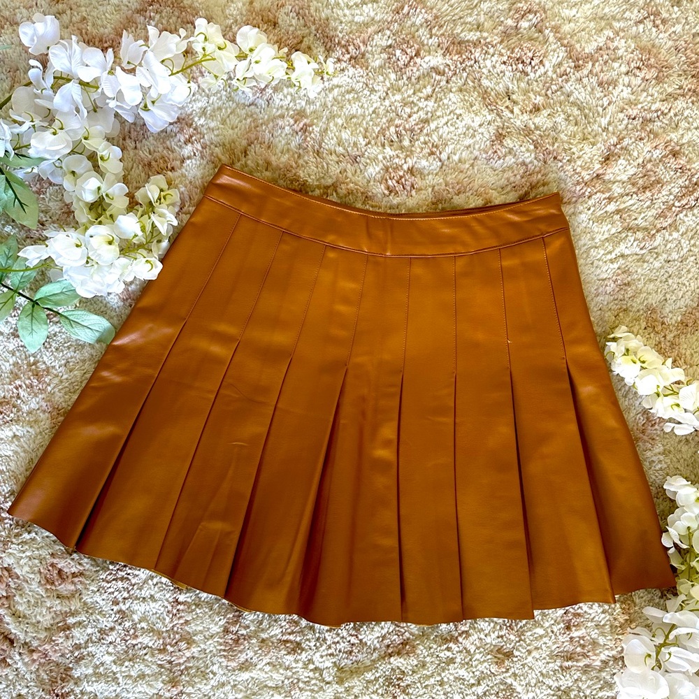 Pleated Pleather Skirt  | Women’s Size L | Color Cognac | By Love Tree